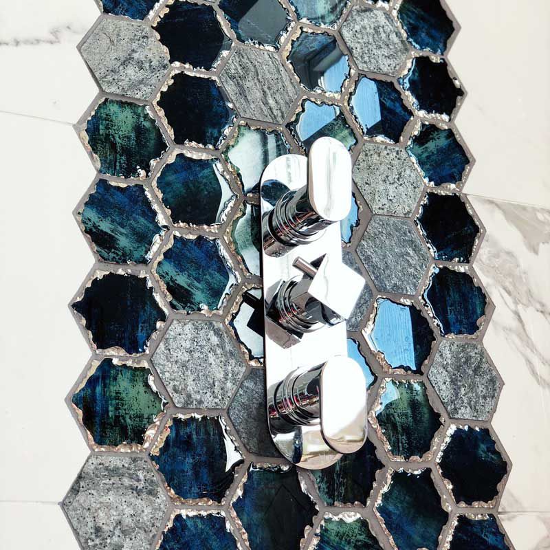 Blue Hexagon Crystal Glass Mix Dark, Hexagon Travertine Tile