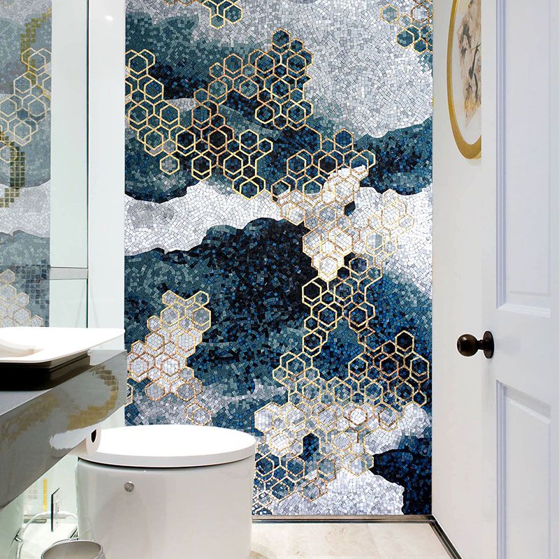 Modern Abstraction Glass Mosaic Art Golden Hexagon Patterns Feature Wall  Blue Background ()