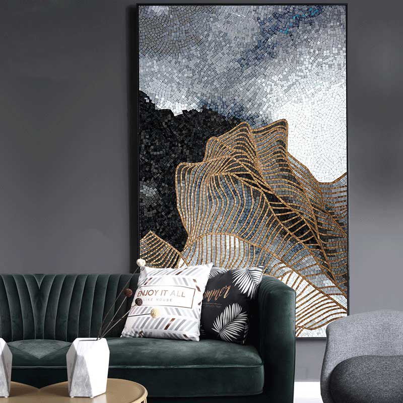 Modern Abstraction Glass Mosaic Art Feature Wall Navy Blue Background  ()