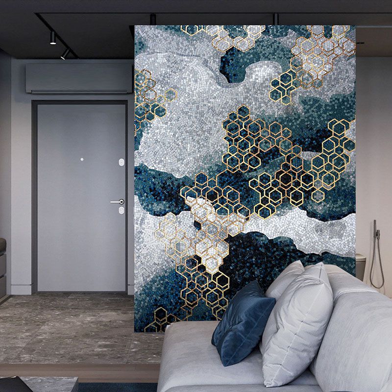 Modern Abstraction Glass Mosaic Art Golden Hexagon Patterns Feature Wall  Blue Background ()