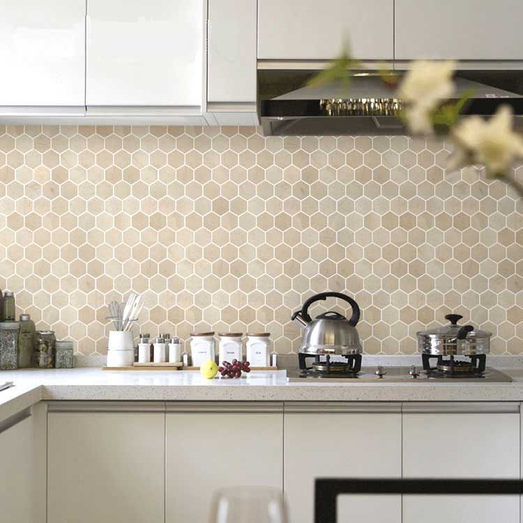 hexagon beige marble stone mosaic tile bath wall and floor kitchen backsplash