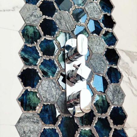 Blue Hexagon Crystal Glass Mix Dark Gray Honed Travertine Mosaic Tile