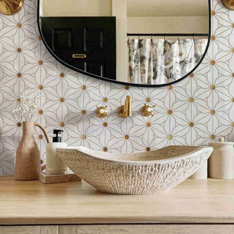 Flower Marble Tile  Wall Tiles Floor Tiles Marble Mosaic Tiles Bath Kitchen Backsplash White and Golden 1 E-MosaicTile