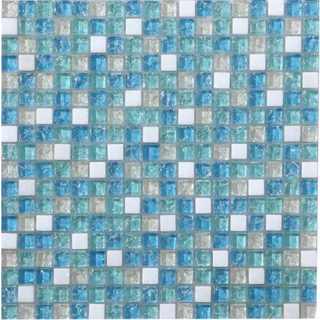 Natural Stone Mosaic Tile Square Blue Inner Crackled Crystal Glass Mix White Marble 15x15mm