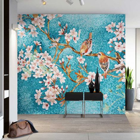 Birds in Spring MING XI PRIMULA  Glass Mosaic Art Feature Wall Blue Background 0.1Sq.M(1.07Sq.Ft)