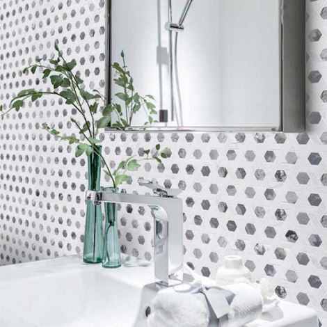Hexagon White and Grey Marble Stone Bath Wall and Floor Mosaic Tile Kitchen Backsplash