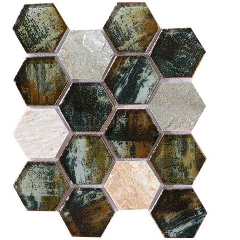 Crystal Glass Mosaic Tile Hexagon Hand Painted Coffee Brown Special Tumbled Mix Light Gray Flamed Travertine 73mm