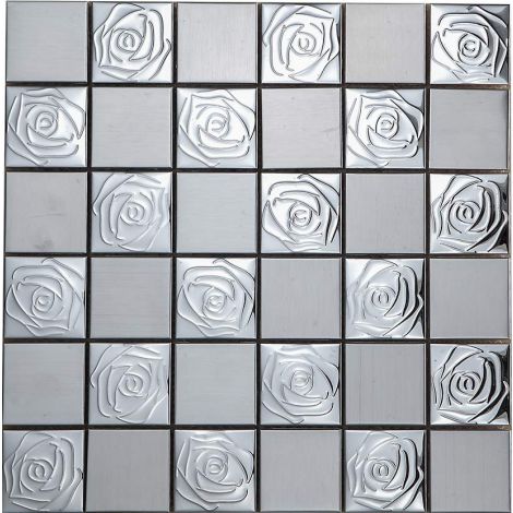 3D Stainless Steel Mosaic Tile Square Silver Flower