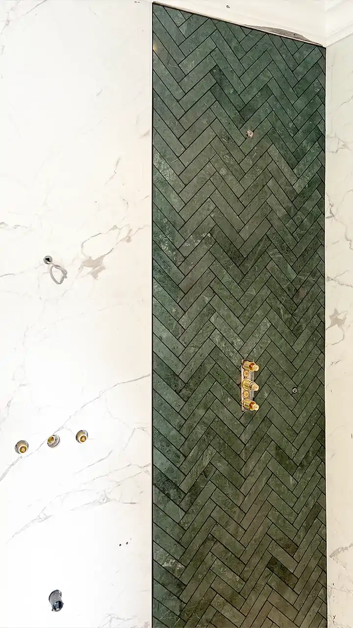 Large Indian Green Herringbone Marble Tiles as Shower Splashback Design Ideas 1
