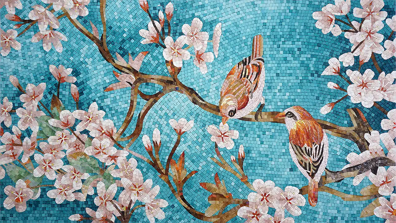 Birds in Spring Mosaic Art as Backsplash in the Laundry 01 E-MosaicTile.com